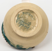 MARGUERITE MAHOOD pierced pottery bowl with applied green and purple dragon, incised "Marguerite Mahood", 6cm high, 13.5cm wide - 5