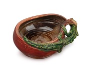 MARGUERITE MAHOOD red glazed pottery bowl with applied green dragon decoration, incised "Marguerite Mahood", 5cm high, 12cm wide