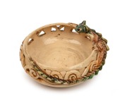 MARGUERITE MAHOOD pierced pottery bowl with scrolling decoration and applied dragon, incised "Marguerite Mahood", 5cm high, 11cm wide