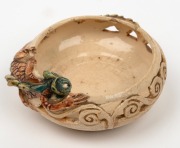 MARGUERITE MAHOOD pierced pottery bowl with scrolling decoration and applied dragon, incised "Marguerite Mahood", 5cm high, 11cm wide - 3