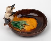 GRACE SECCOMBE&nbsp;pottery dish with applied gum leaves and a pair of kookaburras, including one with open beak, incised "Grace Seccombe", 7cm high, 13cm wide - 2
