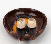 GRACE SECCOMBE&nbsp;pottery dish with applied gum leaves and a pair of kookaburras, including one with open beak, incised "Grace Seccombe", 7cm high, 13cm wide - 3