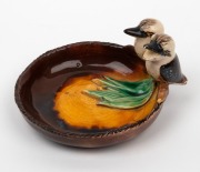 GRACE SECCOMBE&nbsp;pottery dish with applied gum leaves and a pair of kookaburras, including one with open beak, incised "Grace Seccombe", 7cm high, 13cm wide - 4