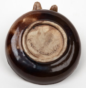GRACE SECCOMBE&nbsp;pottery dish with applied gum leaves and a pair of kookaburras, including one with open beak, incised "Grace Seccombe", 7cm high, 13cm wide - 5