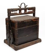 An antique Chinese stackable wedding trunk with iron fittings, 19th/20th century, 65cm high, 52cm wide, 36cm deep