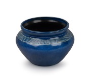 REYNELLA POTTERY blue glazed vase, incised "REYNALLA POTTER S.AUS.1922", 11.5 cm high x 16.5 cm wide