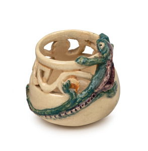MARGUERITE MAHOOD pierced pottery vase with applied green and purple dragon decoration, incised "Marguerite Mahood", 5cm high, 6cm wide