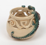 MARGUERITE MAHOOD pierced pottery vase with applied green and purple dragon decoration, incised "Marguerite Mahood", 5cm high, 6cm wide - 2