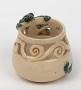 MARGUERITE MAHOOD pierced pottery vase with applied green and purple dragon decoration, incised "Marguerite Mahood", 5cm high, 6cm wide - 3