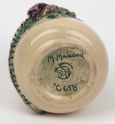 MARGUERITE MAHOOD pierced pottery vase with applied green and purple dragon decoration, incised "Marguerite Mahood", 5cm high, 6cm wide - 5