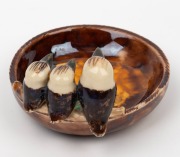 GRACE SECCOMBE pottery dish with applied gum leaves and a graduated family of three kookaburras, incised "Grace Seccombe", 7cm high, 12.5cm wide - 3