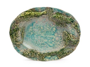 UNA DEERBON oval platter with turquoise mottled glaze and applied fish decoration, incised "Deerbon", 28cm high