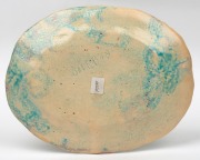 UNA DEERBON oval platter with turquoise mottled glaze and applied fish decoration, incised "Deerbon", 28cm high - 2