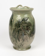 MERRIC BOYD green glazed pottery vase with wind swept tree branch handle and applied tree fern decoration, incised "Merric Boyd, 1936", an impressive 32cm high - 2