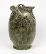 MERRIC BOYD green glazed pottery vase with wind swept tree branch handle and applied tree fern decoration, incised "Merric Boyd, 1936", an impressive 32cm high - 4