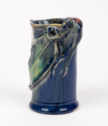 REMUED&nbsp;blue glazed pottery jug with applied gumnut, leaf and branch handle, incised "Remued", 14cm high - 2
