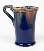 REMUED&nbsp;blue glazed pottery jug with applied gumnut, leaf and branch handle, incised "Remued", 14cm high - 3