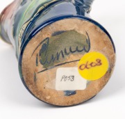 REMUED&nbsp;blue glazed pottery jug with applied gumnut, leaf and branch handle, incised "Remued", 14cm high - 4