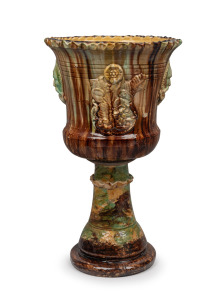 JAMES CAMPBELL pottery antique terrace urn with brown and green majolica glaze, 19th century, manufactured in two sections, 67cm high overall, 39cm wide
