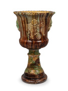 JAMES CAMPBELL pottery antique terrace urn with brown and green majolica glaze, 19th century, manufactured in two sections, 67cm high overall, 39cm wide