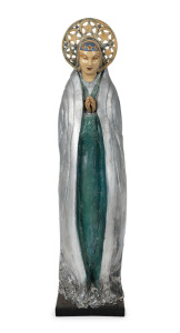 MARGUERITE MAHOOD stunning ceramic statue of a standing lady with star halo, glazed pottery and painted plaster on wooden plinth, 88cm high overall