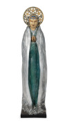 MARGUERITE MAHOOD stunning ceramic statue of a standing lady with star halo, glazed pottery and painted plaster on wooden plinth, ​​​​​​​88cm high overall
