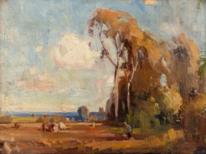 NORMAN MACGEORGE (1872-1952), Australian Morning, oil on board, signed lower right "Norman MacGeorge", titled on paper label verso with 16 guinea price tag, additional title affixed to frame "In The Open", 30 x 40cm, 39 x 50cm overall.