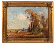 NORMAN MACGEORGE (1872-1952), Australian Morning, oil on board, signed lower right "Norman MacGeorge", titled on paper label verso with 16 guinea price tag, additional title affixed to frame "In The Open", 30 x 40cm, 39 x 50cm overall. - 2
