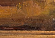 NORMAN MACGEORGE (1872-1952), Australian Morning, oil on board, signed lower right "Norman MacGeorge", titled on paper label verso with 16 guinea price tag, additional title affixed to frame "In The Open", 30 x 40cm, 39 x 50cm overall. - 4