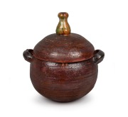 JOHN PERCEVAL pottery lidded jar, brown and green glaze with turquoise interior, incised "Perceval, 1956", 35cm high, 32cm across the handles