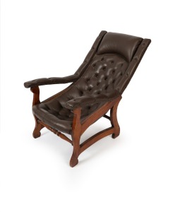 An antique Colonial Australian cedar Sleepy Hollow armchair with brown button back upholstery, Tasmanian origin, mid 19th century, 81cm high, 60cm across the arms, 90cm deep