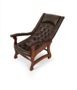 An antique Colonial Australian cedar Sleepy Hollow armchair with brown button back upholstery, Tasmanian origin, mid 19th century, 81cm high, 60cm across the arms, 90cm deep