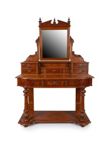 A fine quality antique Australian huon pine dressing table with finely selected veneers, carved decoration and turned finials, Melbourne origin, circa 1875, 178cm high, 122cm wide, 52cm deep