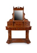 A fine quality antique Australian huon pine dressing table with finely selected veneers, carved decoration and turned finials, Melbourne origin, circa 1875, ​​​​​​​178cm high, 122cm wide, 52cm deep