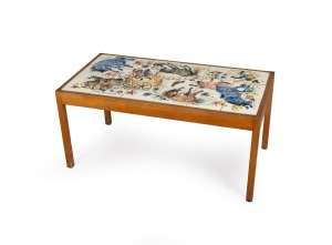 JOHN PERCEVAL hand-painted tile top coffee table, signed "John Perceval '50", 45cm high, 97cm wide, 50cm deep