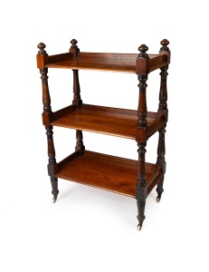 An antique Australian cedar three tier dumbwaiter with turned column supports and ring turned decoration, circa 1875, unusually small proportions of 126cm high, 81cm wide, 45cm deep