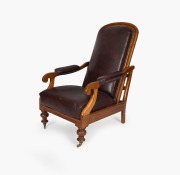 An antique Australian cedar reclining armchair with burgundy leatherette upholstery, 19th century, ​​​​​​​115cm high, 75cm wide, 95cm deep