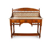 An antique Australian huon pine washstand with marble top and floral tile back, 19th century, 116cm high, 122cm wide, 50cm deep