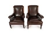 MELBOURNE CLUB a near pair of armchairs, mahogany and brown leatherette, late 19th century, 75cm across the arms - 2