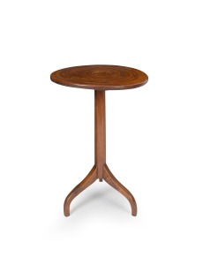 An early Colonial Australian tilt-top wine table with crab legs, cedar inlaid with Australian specimen woods including huon pine, blackwood and others, Tasmanian origin, early to mid 19th century, 73cm high, 48cm diameter