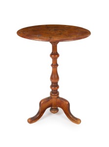 A Colonial Australian huon pine wine table with one piece slab top, Tasmanian origin, mid 19th century, 77cm high, 56cm diameter