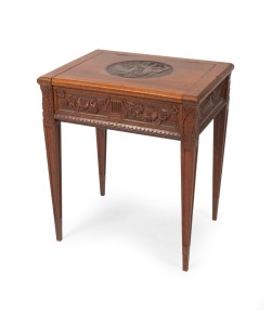 THEAR & COMPANY of Geelong, Australian Arts & Crafts carved blackwood piano seat, early 20th century, remains of hand-written paper label to the interior (illegible), 53cm high, 45cm wide, 35cm deep
