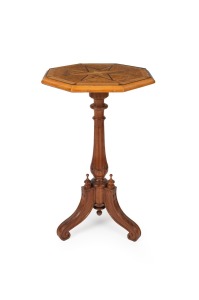 An antique Colonial wine table with octagonal top, totara, mottled kauri, maire and others, New Zealand origin, circa 1875, 73cm high, 43cm wide
