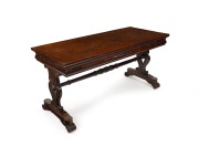 An early Colonial Australian cedar sofa table with lyre ends and turned stretcher base, New South Wales origin, circa 1840, 75cm high, 153cm wide, 65cm deep