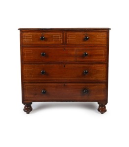 An antique Colonial Australian cedar chest of five drawers with Greek key string inlay to the drawer fronts, New South Wales origin, circa 1835, 110cm high, 111cm wide, 52cm deep