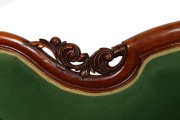 An antique Australian Colonial cedar settee with carved decoration and green velvet upholstery, mid 19th century, 98cm high, 224cm wide, 65cm deep - 2