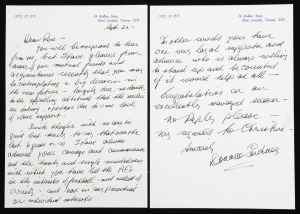 Original two-page handwritten letter of support from Donald Cordner, then president of the Melbourne Cricket Club and previously a player for Melbourne in the 1940s, addressed to Oakley in his position as chairman of the VFL Commission, at a time of then considerable controversy.
