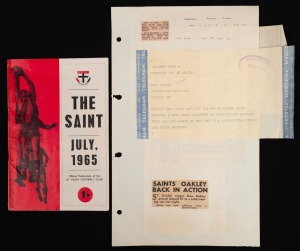 July 1962 and May 1963 congratulatory telegrams to Oakley from his statistics professor at Monash University Keith Frearson, together with July 1965 edition of 'The Saint', in which Oakley and other St Kilda stars are featured together with short biograph
