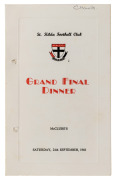 The Grand Final dinner menu from September 24th 1966, with numerous original signatures of those attending on rear, including Ken Baker, Darrel Baldock, Ian Cooper, Verdun Howell, Bob Murray, Kevin Roberts, Ed Schwarzman, Brian Sierakowski, Ross Smith, Ia