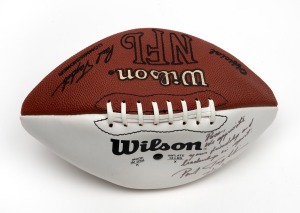 Wilson NFL football with autograph by Paul Tagliabue, then NFL commissioner, dated 7/5/97 with message 'Ross, We appreciate your friendship and leadership in sport'. Note also Tagliabue's matching standard commissioner signature imprinted on the ball surface. A testament to the work Oakley undertook in the 1990s to seek out and apply to the AFL the best practices of the United States sporting codes.